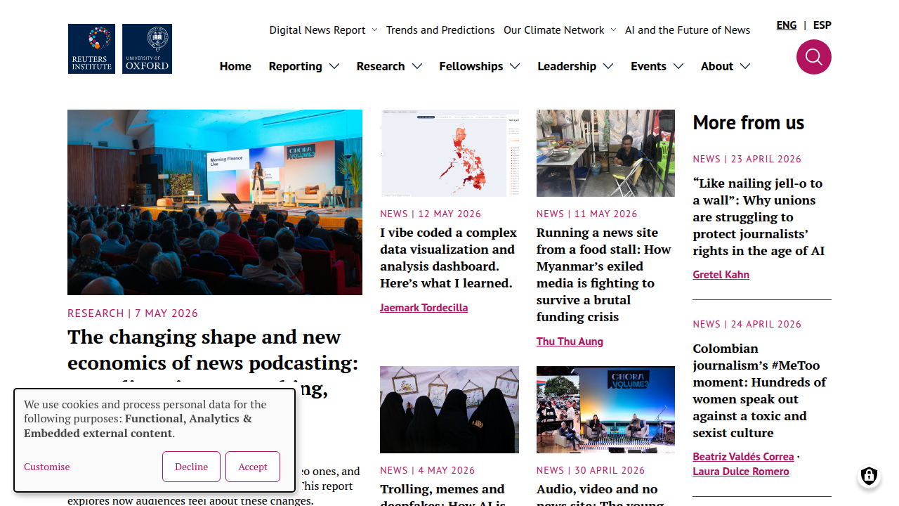 The Reuters Institute conducts critical research on journalism, media, and technology trends, including annual digital news reports.