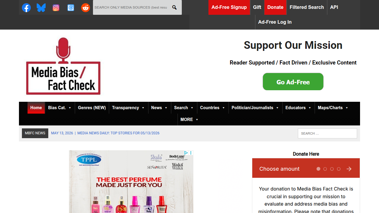 Media Bias/Fact Check provides ratings for news sources on political bias and factual accuracy.