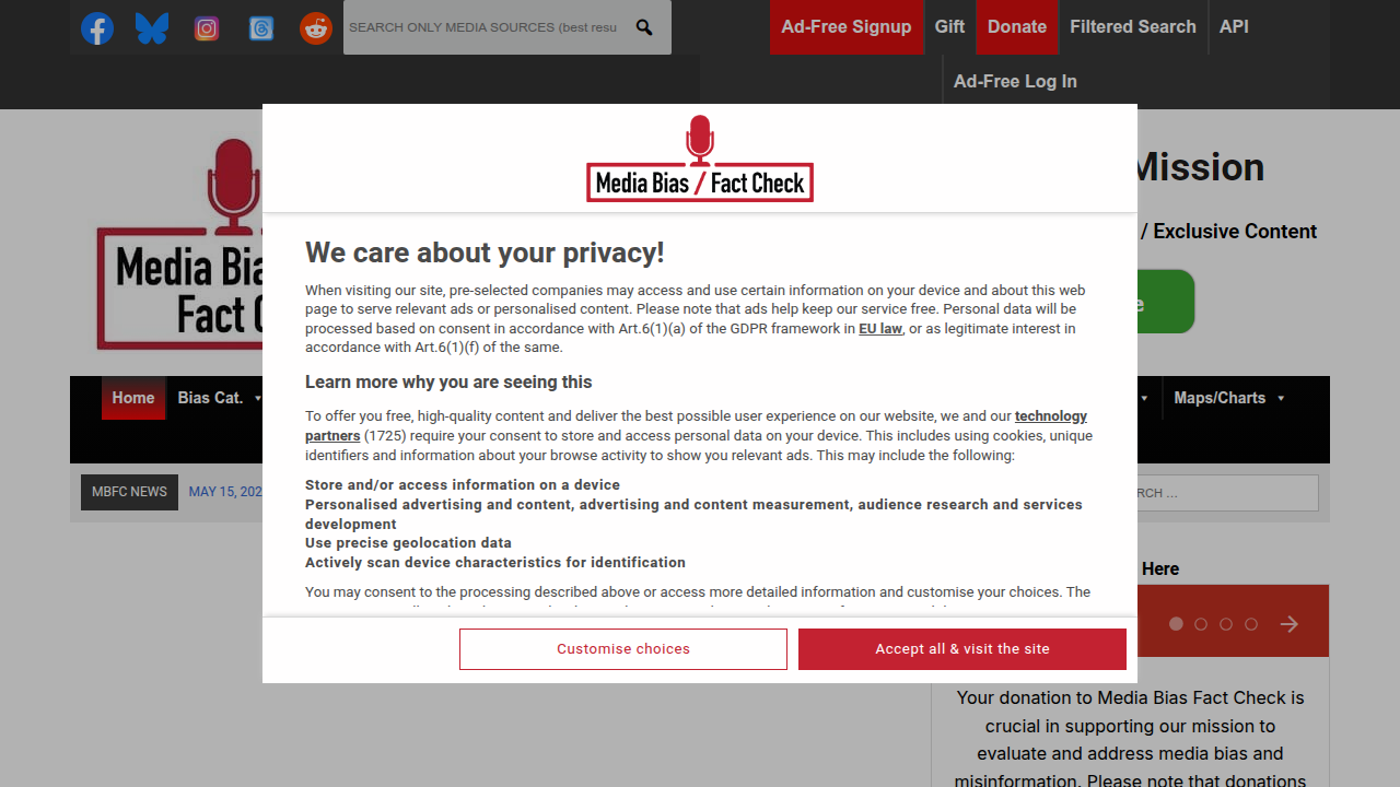 The Media Bias/Fact Check website, a common resource for evaluating news source credibility.