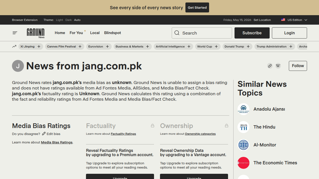 The Ground News profile for Jang.com.pk, indicating an unknown media bias rating.
