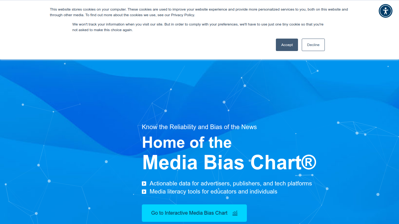 Ad Fontes Media’s website, which offers detailed ratings of news sources on a bias and reliability scale.