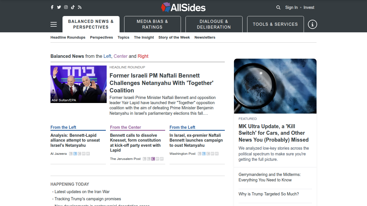 The AllSides website, providing aggregated media bias ratings to help readers understand different perspectives.
