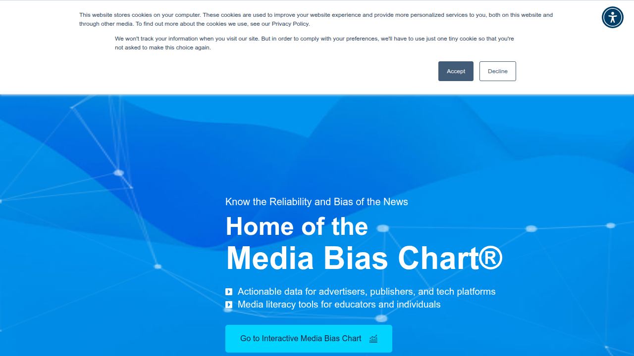 A screenshot of the Ad Fontes Media website, a key resource for understanding media bias and reliability through data-driven analysis.