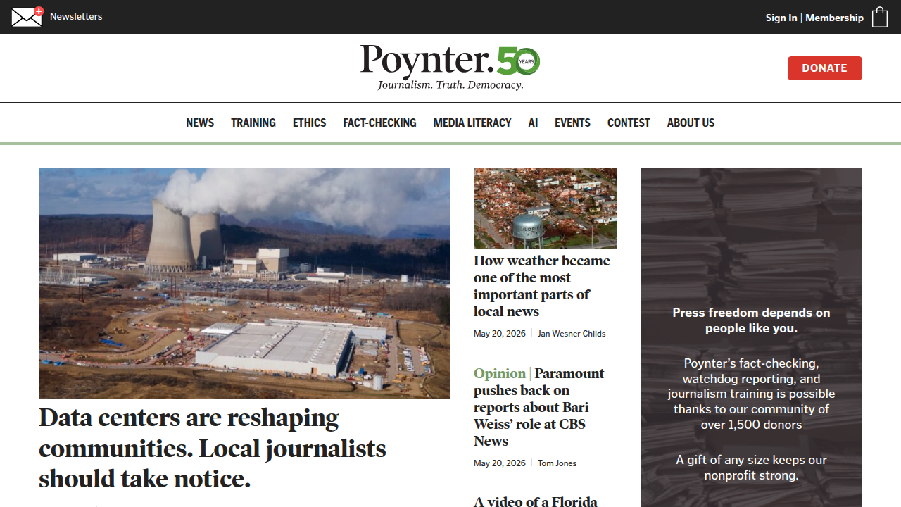 A screenshot of The Poynter Institute's homepage, a respected organization dedicated to journalism ethics, media literacy, and fact-checking.