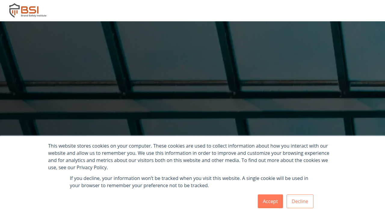 A screenshot of the Brand Safety Institute website, a resource emphasizing the importance of proactive strategies to protect brand reputation in the digital media environment.