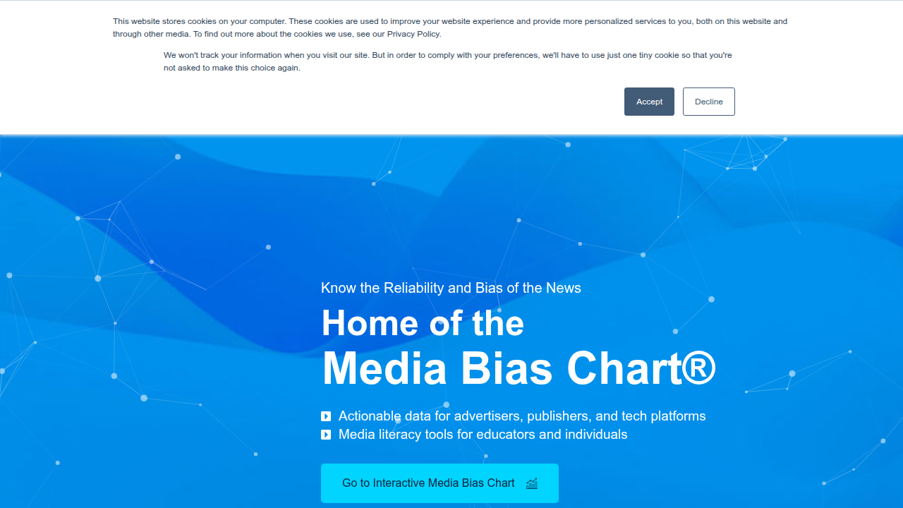The homepage of Ad Fontes Media, a resource providing data on news source accuracy and political lean, illustrating tools marketers can use for media evaluation.