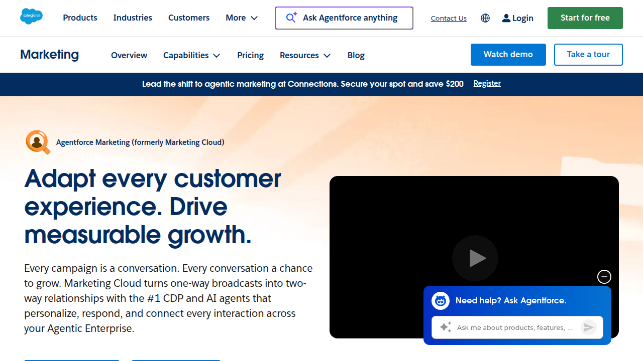 The homepage for Salesforce Marketing Cloud, showcasing its capabilities in ingesting data and transforming it into actionable campaign inputs.