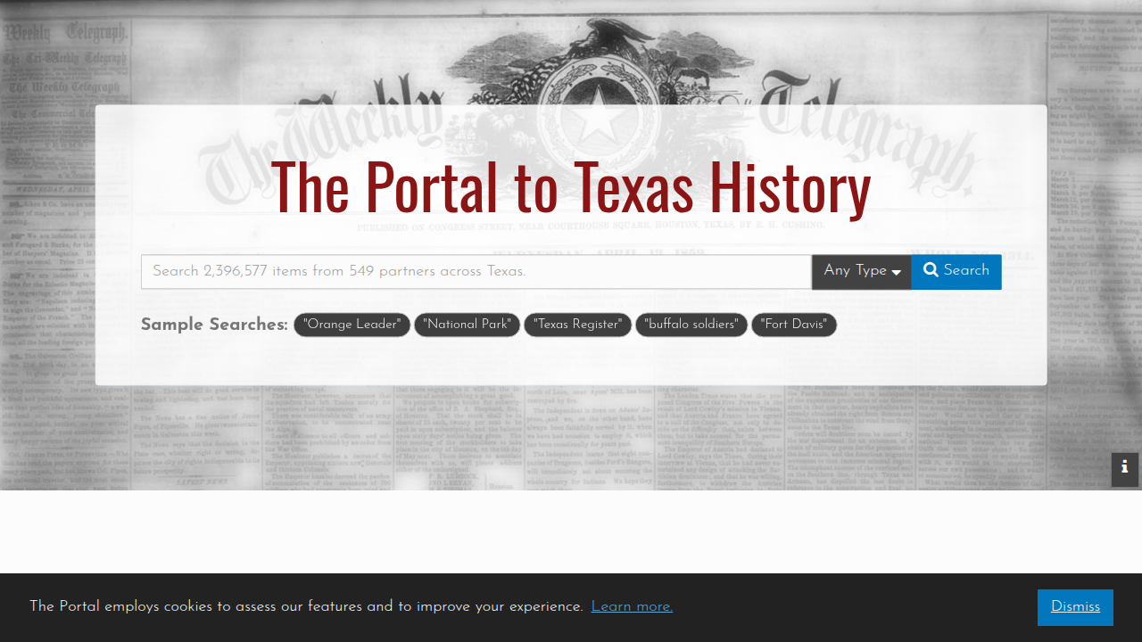 The homepage of The Portal to Texas History, a digital repository providing access to historical documents and newspaper archives relevant to Texas.
