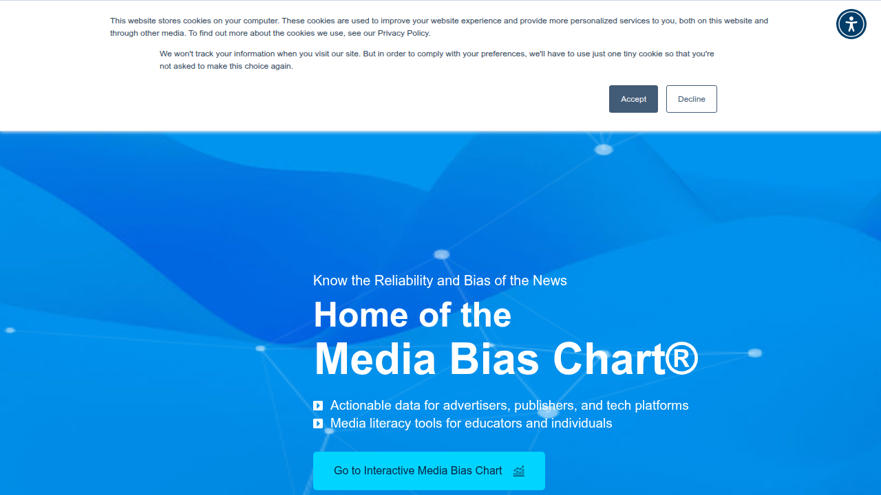 A screenshot of Ad Fontes Media's website, an organization known for rating news sources by reliability and political bias.