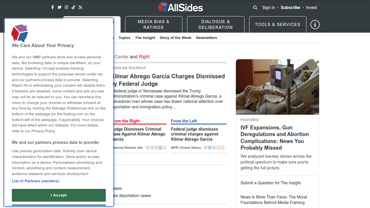 A screenshot of AllSides' website, which focuses on providing political bias ratings for news sources.