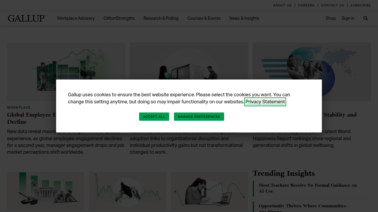 A screenshot of the Gallup homepage, illustrating where data on public trust in media can be found.