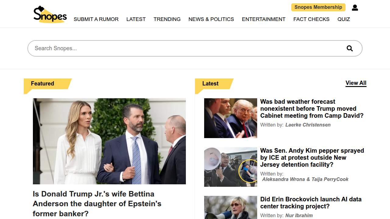 A screenshot of the Snopes website homepage, a well-known fact-checking site for rumors and viral claims.