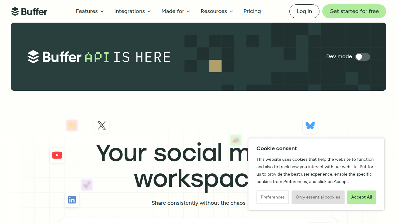 Screenshot of the Buffer homepage, a social media management tool often referenced for its comparison guides.