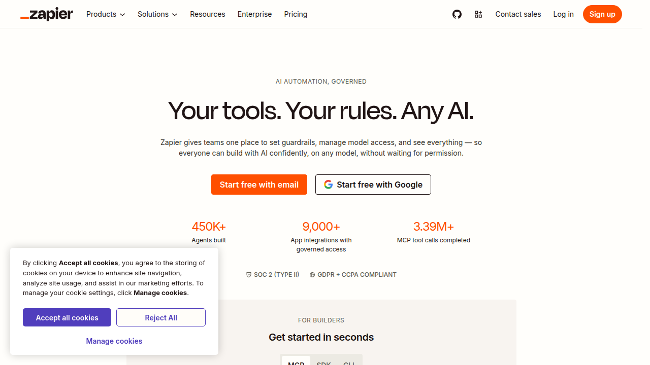 Screenshot of the Zapier homepage, a leading automation tool that can bridge integration gaps for social media platforms.