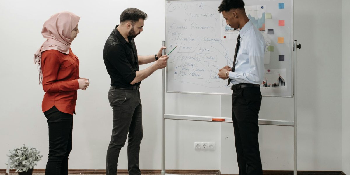 A team collaborates around a whiteboard, discussing strategic decisions for ad placements.