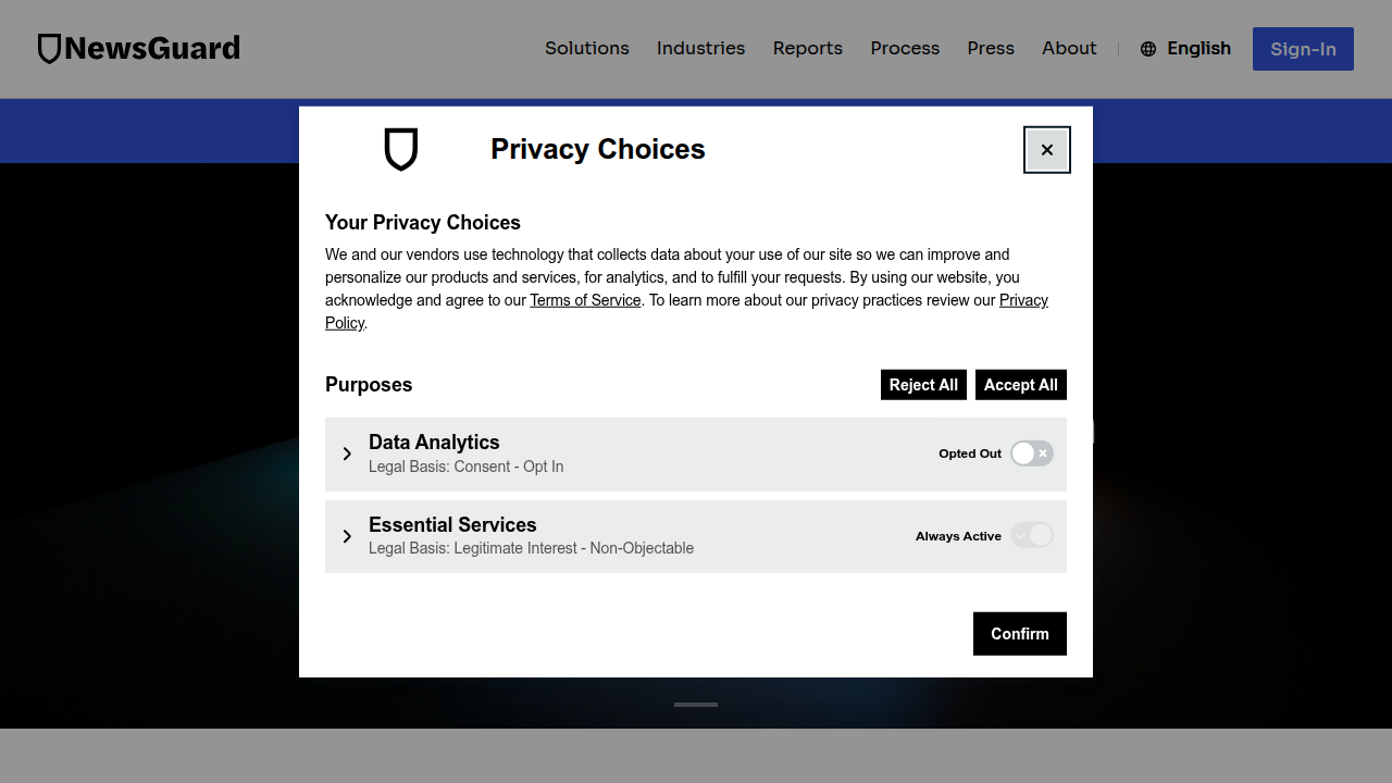 A screenshot of the NewsGuard website, a leading service providing trust ratings and credibility scores for news and information sites.