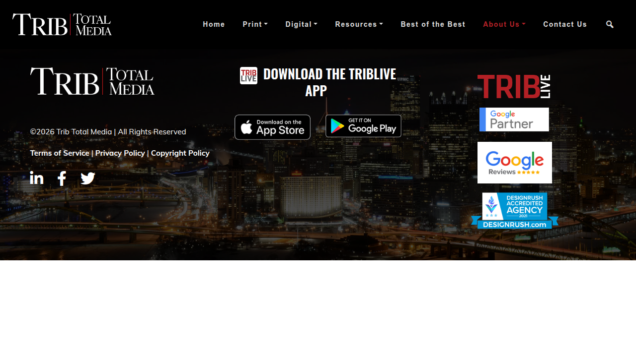 The TribLIVE 'About Us' page, providing insights into the history and corporate structure of the Tribune-Review Publishing Company.