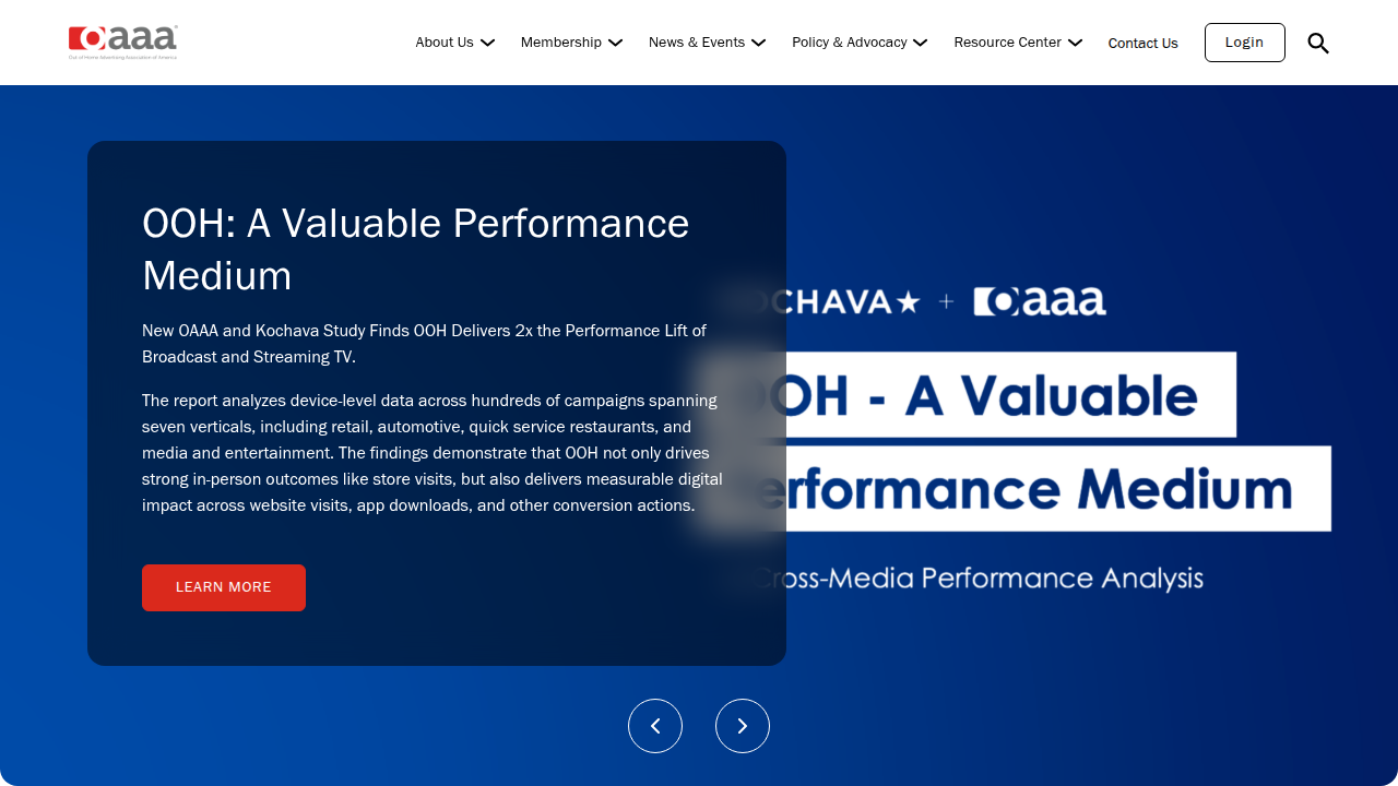 The OAAA (Out of Home Advertising Association of America) website, a leading resource for industry trends and data in OOH.