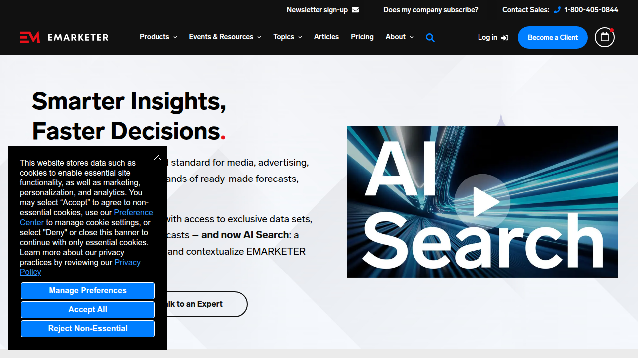eMarketer's homepage, a leading source for digital marketing research and insights on advertising trends.