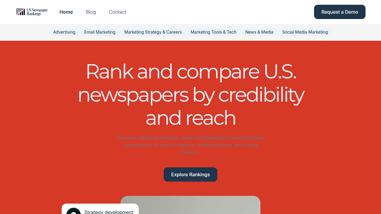 The homepage of US Newspaper Rankings, illustrating a platform dedicated to analyzing newspaper credibility and bias.