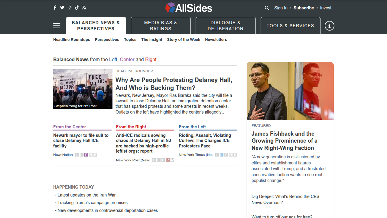 The AllSides website, a platform known for rating media bias and offering different perspectives on news topics.
