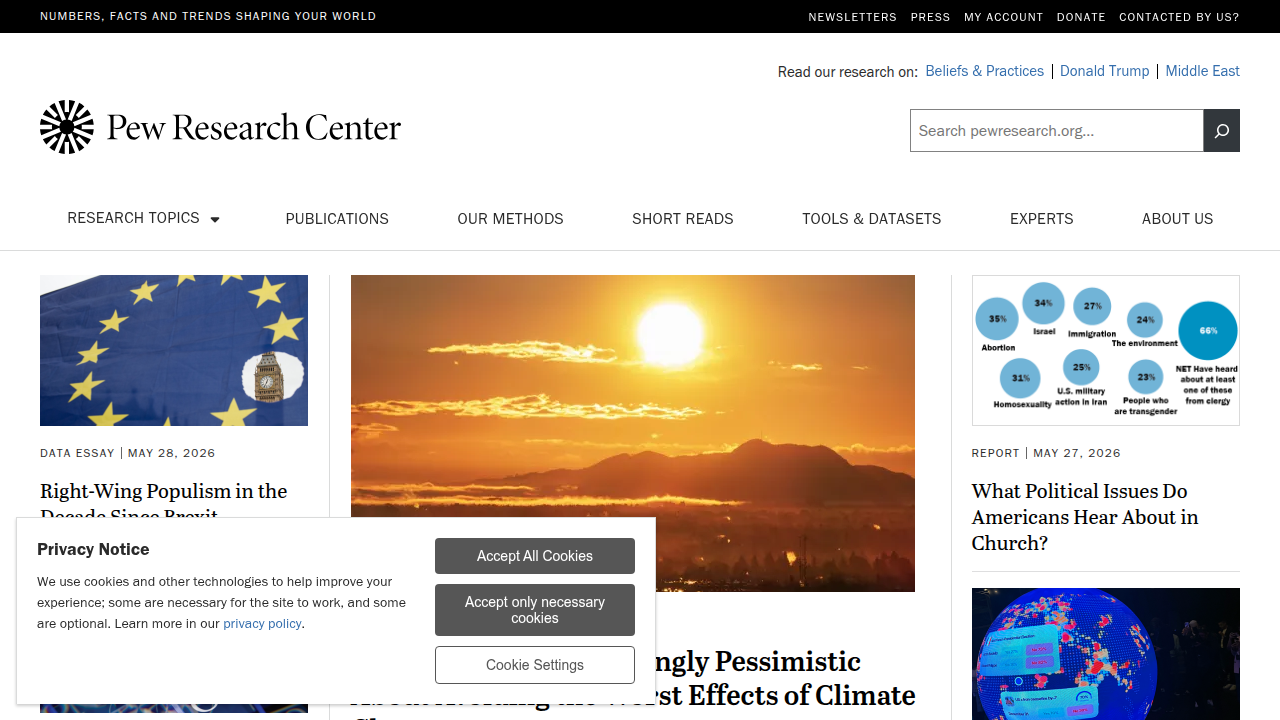 The homepage of the Pew Research Center, a nonpartisan fact tank providing data and analysis on U.S. and global issues, including journalism.