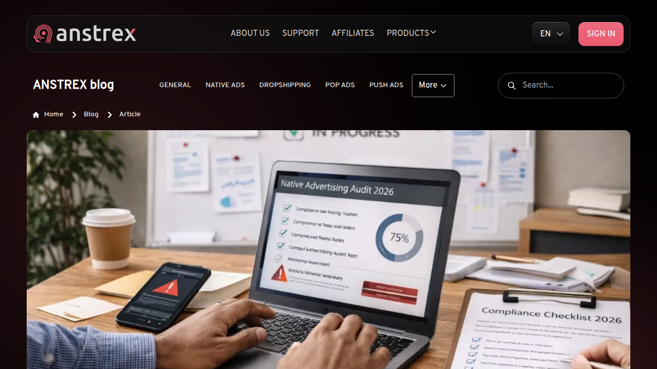 Screenshot of Anstrex's blog, featuring a compliance checklist for native advertising policies and best practices.