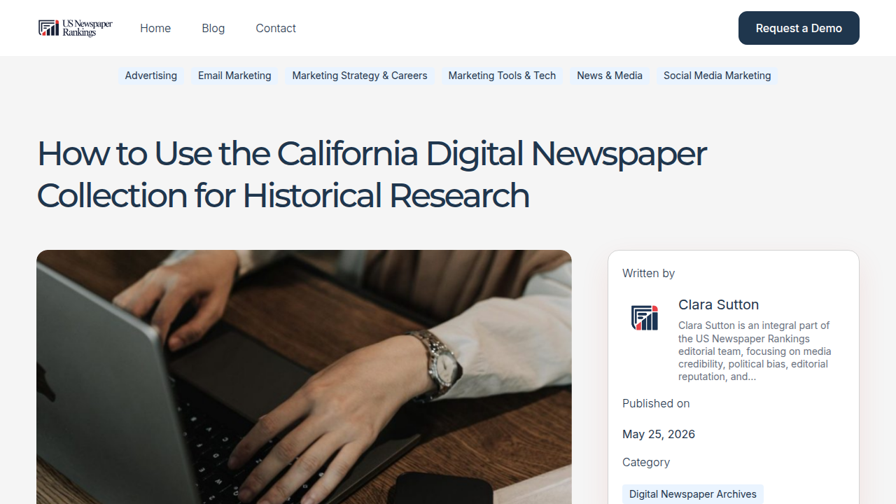 A screenshot from US Newspaper Rankings, showcasing a guide on utilizing the California Digital Newspaper Collection.