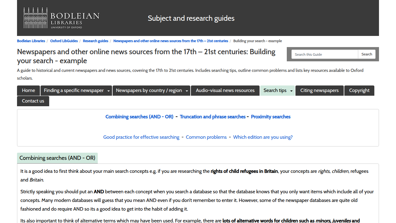 A screenshot from the Bodleian Libraries website, illustrating guidance on building effective search queries for newspaper archives.