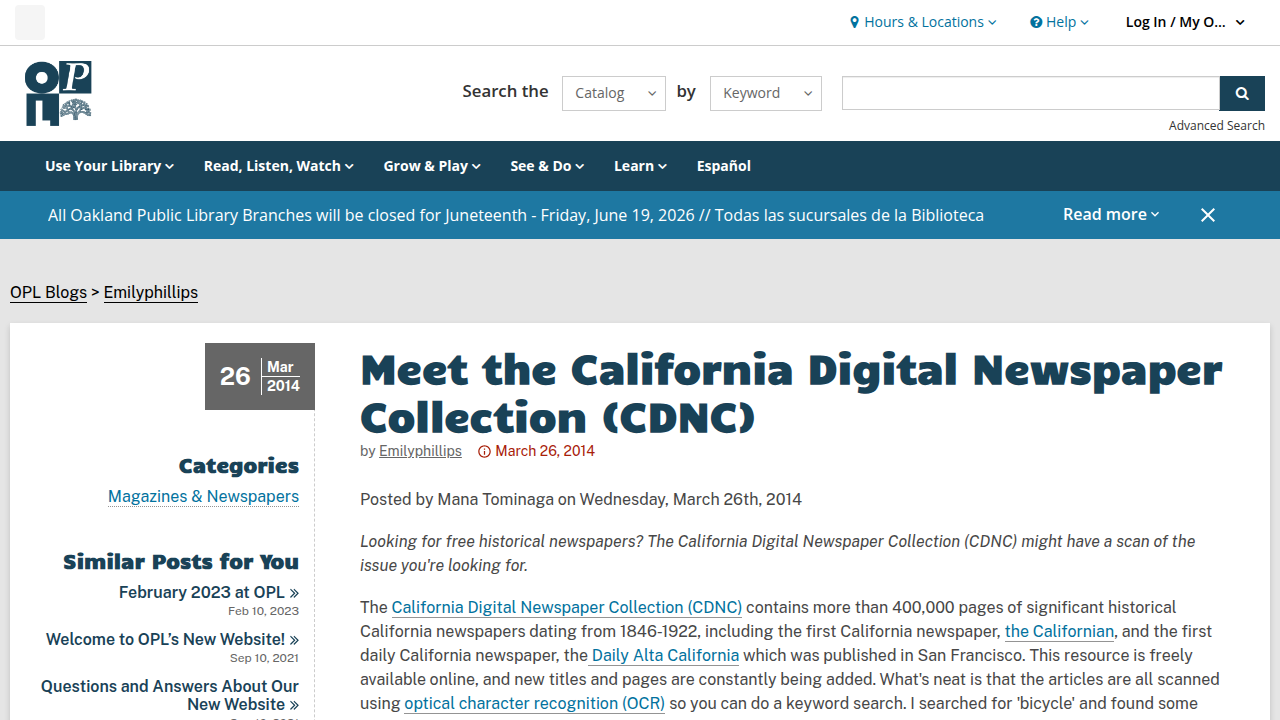 A screenshot of the Oakland Library blog introducing the California Digital Newspaper Collection and its functionalities.