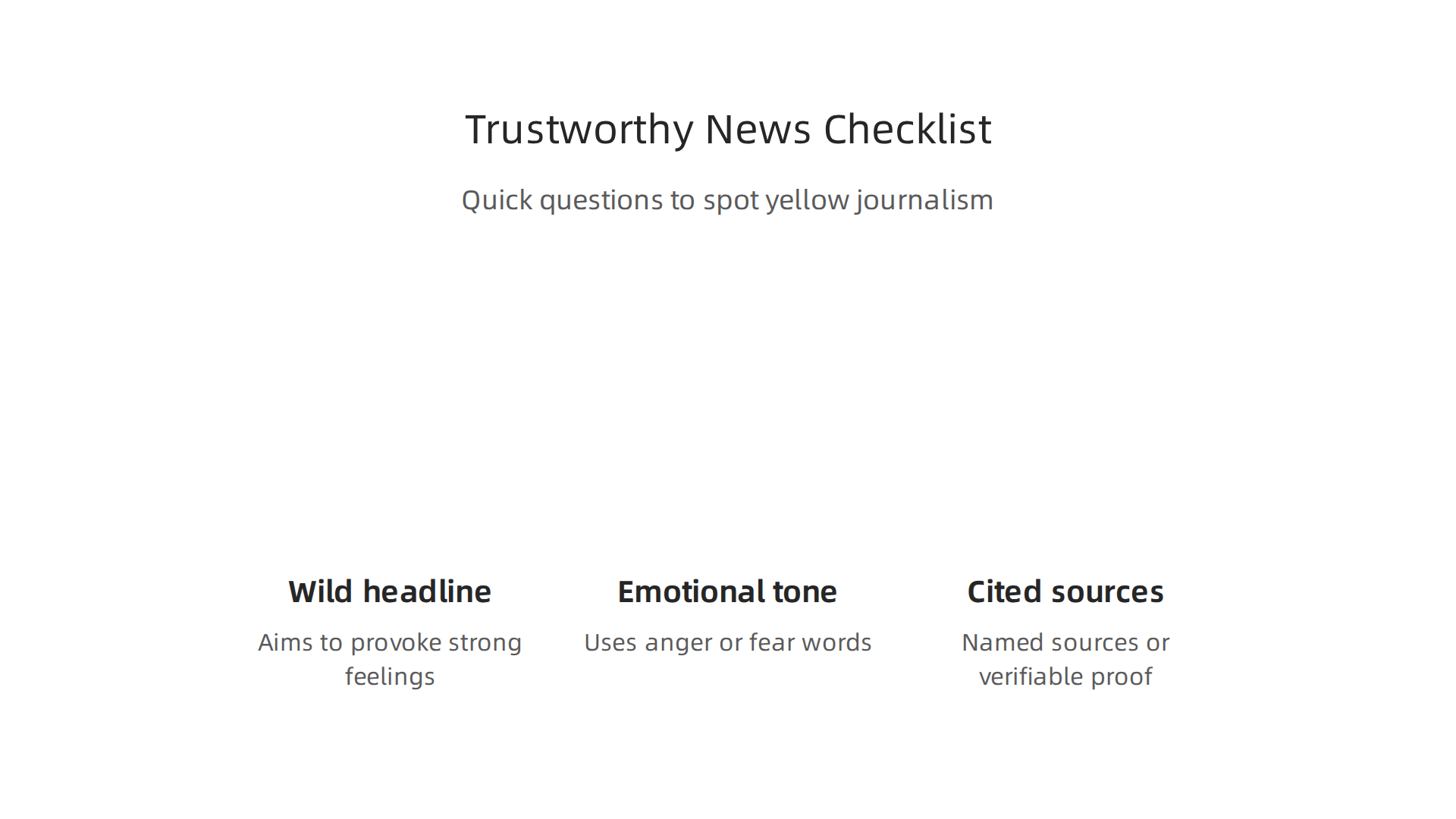 An infographic presenting a quick checklist of questions to help readers identify trustworthy news and spot yellow journalism red flags.