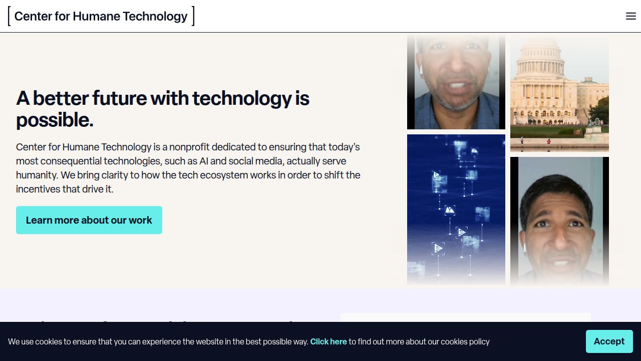 A screenshot of the Center for Humane Technology's homepage, a resource discussing the attention economy and its impact.