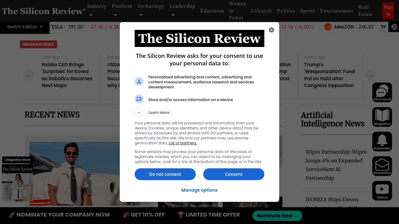 A screenshot of The Silicon Review's homepage, a technology magazine that covers innovative solutions for digital platforms.