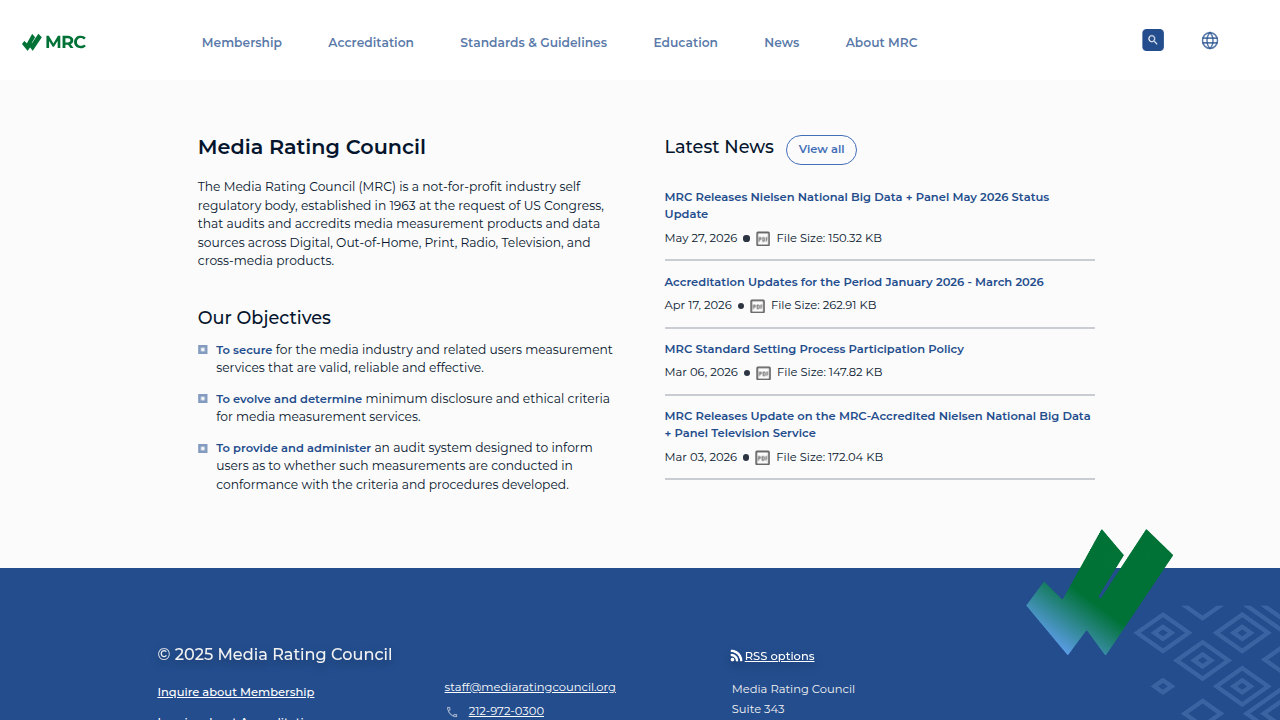 The Media Rating Council's homepage, illustrating a key resource for ad verification standards and brand safety guidelines.