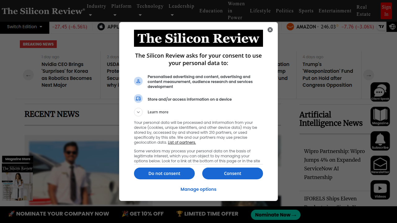The Silicon Review website, a publication discussing innovative technologies like the Value Reinforcement System (VRS) for privacy.