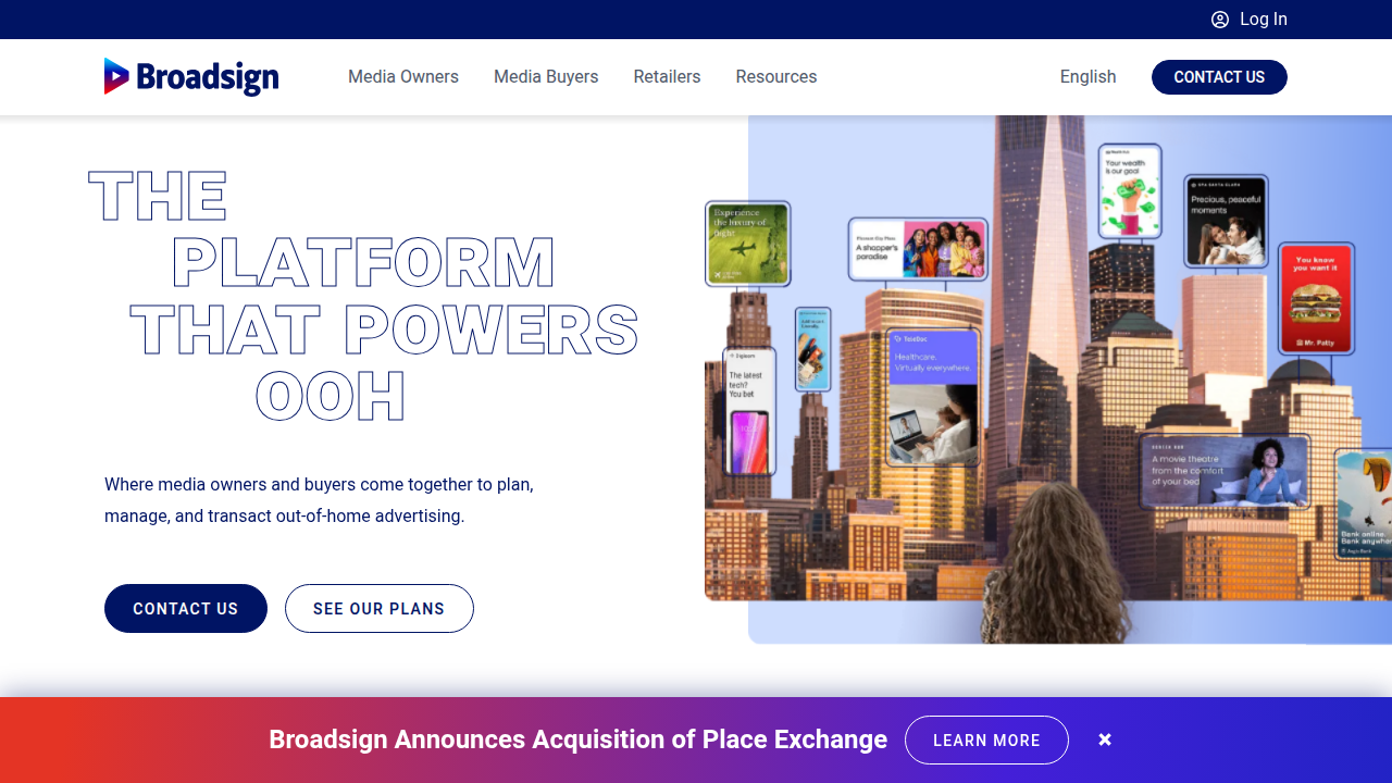 Screenshot of Broadsign's website, a company focused on digital out-of-home (DOOH) advertising technology and insights.