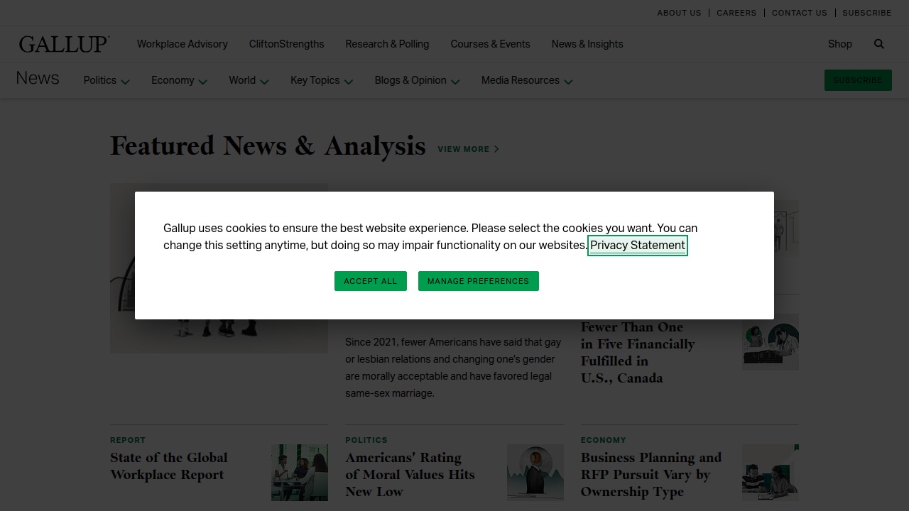 Screenshot of a Gallup News article detailing trends and statistics on trust in media within the U.S.
