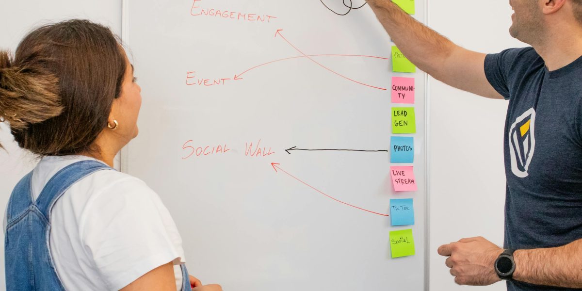 A team actively collaborating and brainstorming ideas on a whiteboard, symbolizing strategic planning.