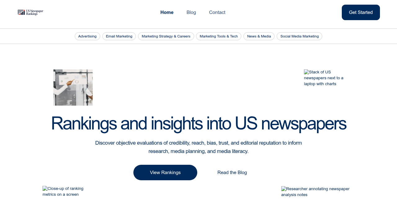Screenshot of the US Newspaper Rankings website, offering insights into media credibility and bias.