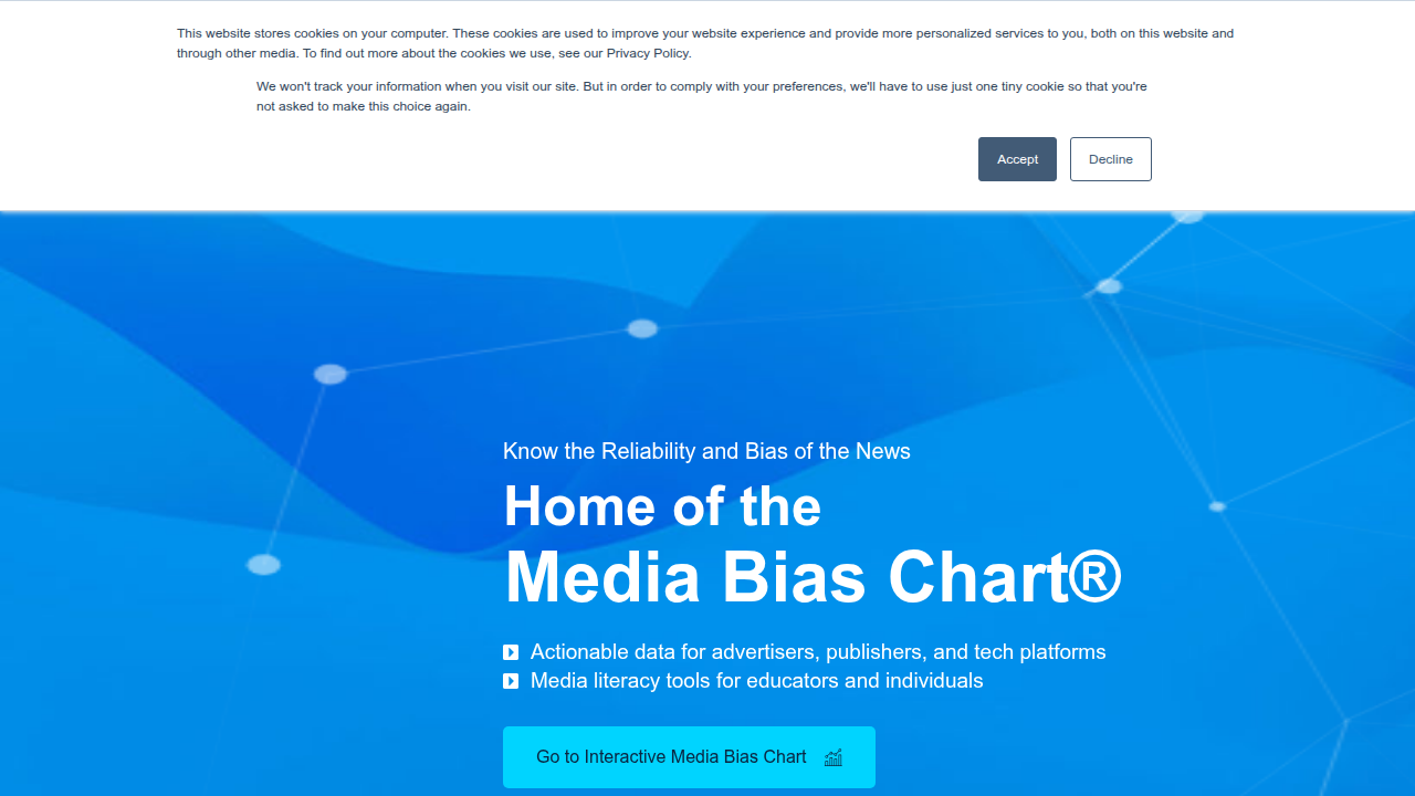 A screenshot of the Ad Fontes Media website, a tool for evaluating news source bias and reliability.