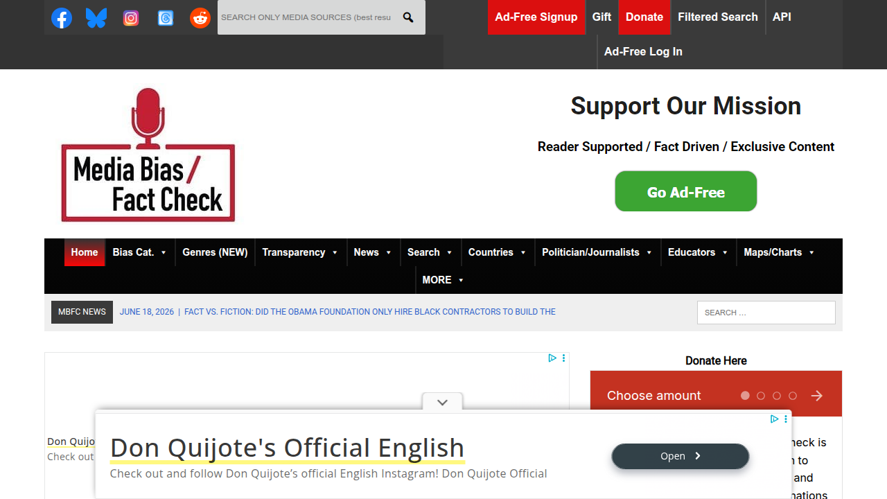 A screenshot of the Media Bias/Fact Check website, a resource for assessing the credibility and bias of various news sources.