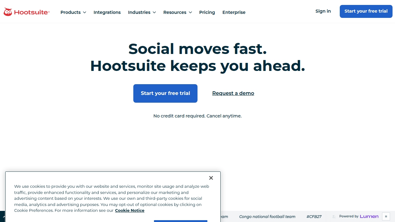 Screenshot of Hootsuite's homepage, a popular social media management platform for simplifying KPI tracking.