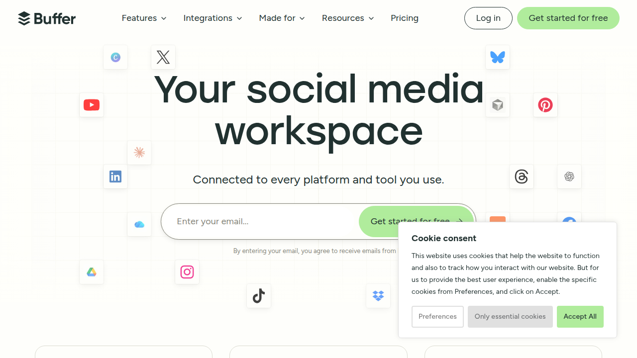 Screenshot of Buffer's homepage, a tool for scheduling and publishing social media content.