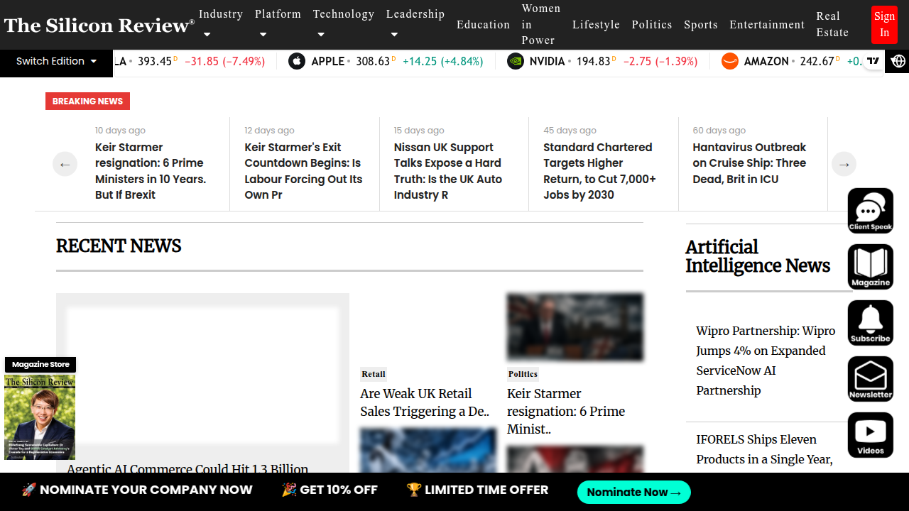 Screenshot of The Silicon Review homepage, an industry publication that covered the Value Reinforcement System (VRS).