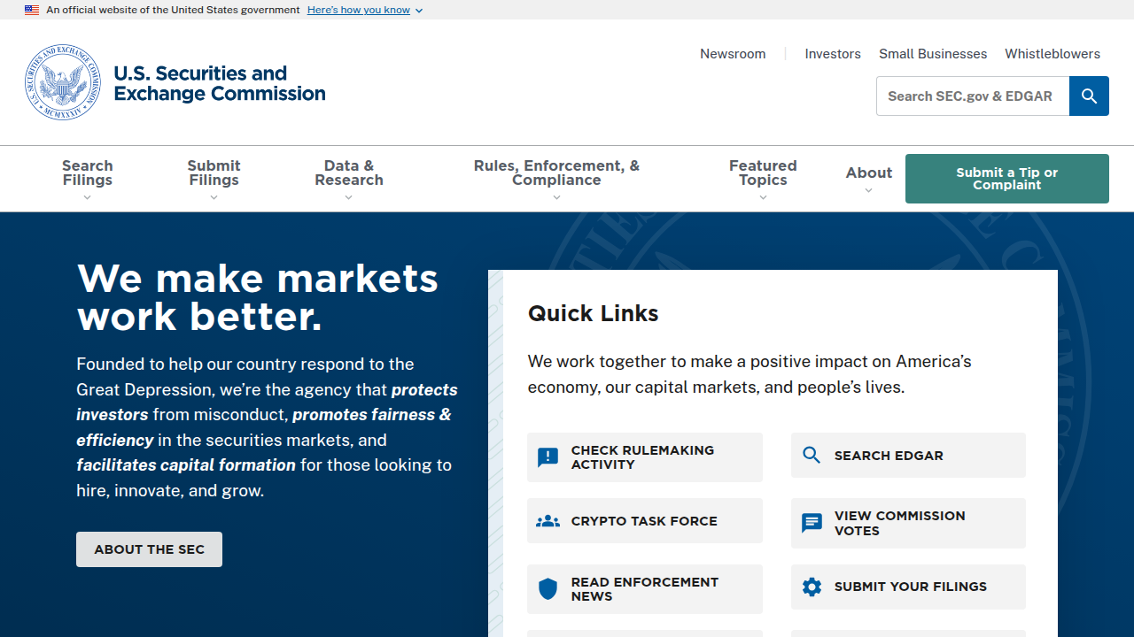 Screenshot of the U.S. Securities and Exchange Commission (SEC) website, where company filings can be reviewed for corporate foundation.