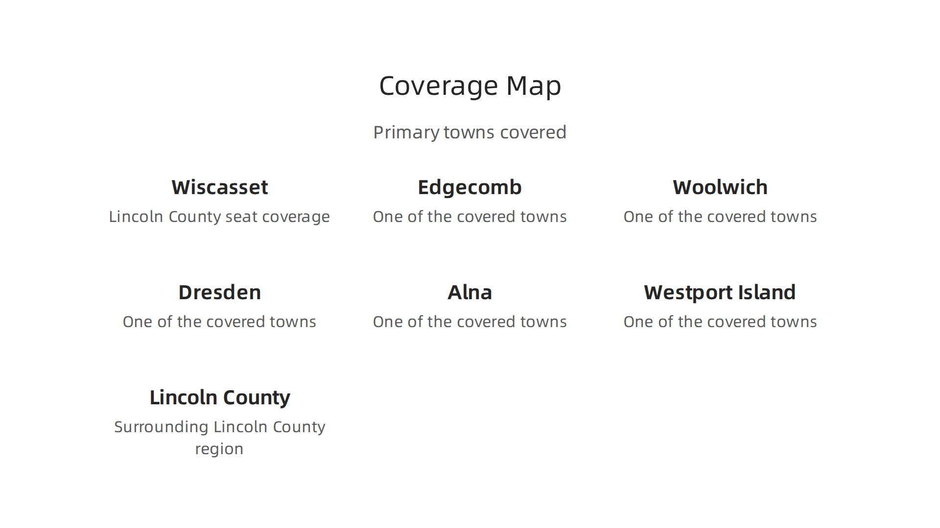 A visual representation of the towns and regions primarily covered by the Wiscasset Newspaper, highlighting its local focus.