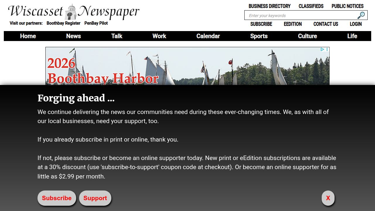 Screenshot of the Wiscasset Newspaper's official website, reflecting its digital presence and community focus.