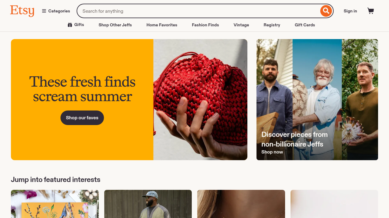 Etsy's homepage, showcasing its marketplace for handmade, vintage, and unique goods, attracts buyers with high purchase intent.
