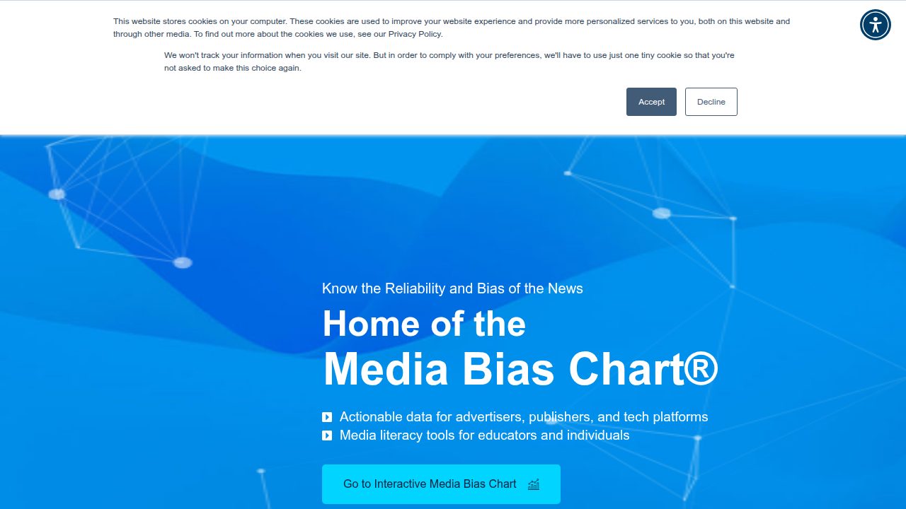 A screenshot of the Ad Fontes Media website, known for its media bias chart and reliability ratings.