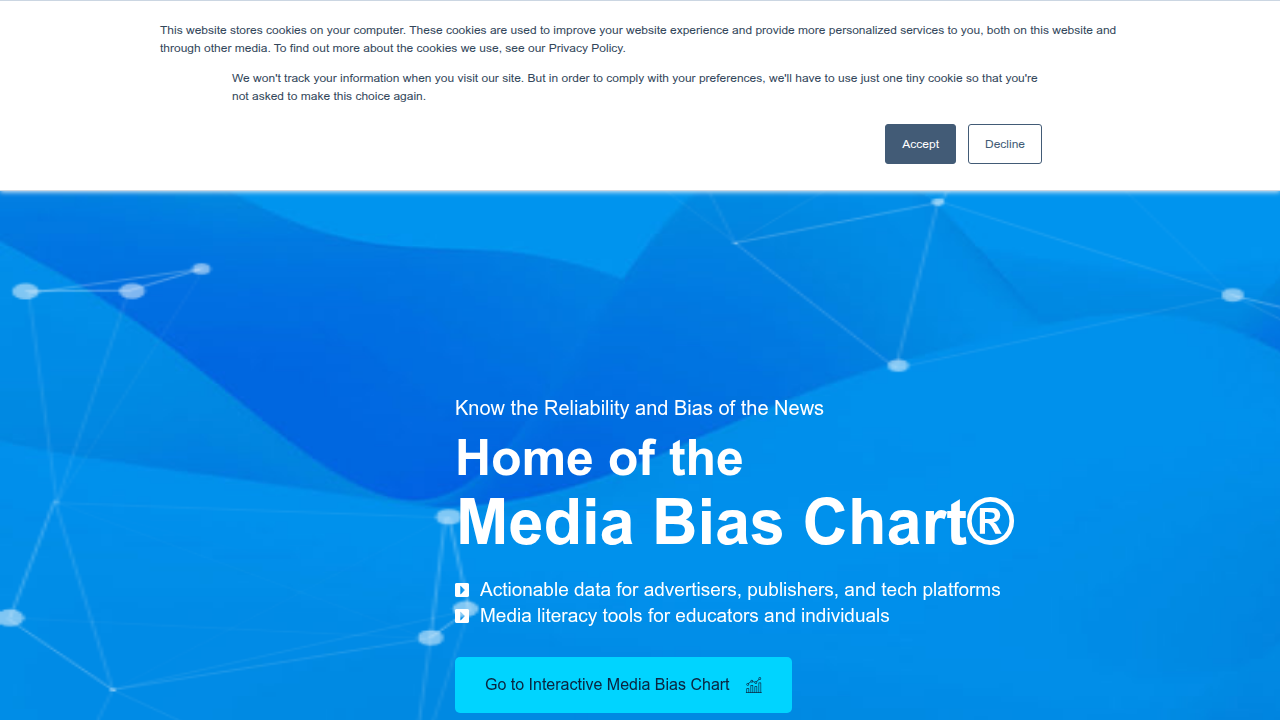 The homepage of Ad Fontes Media, an organization that provides data-backed media bias ratings and factual reliability scores.